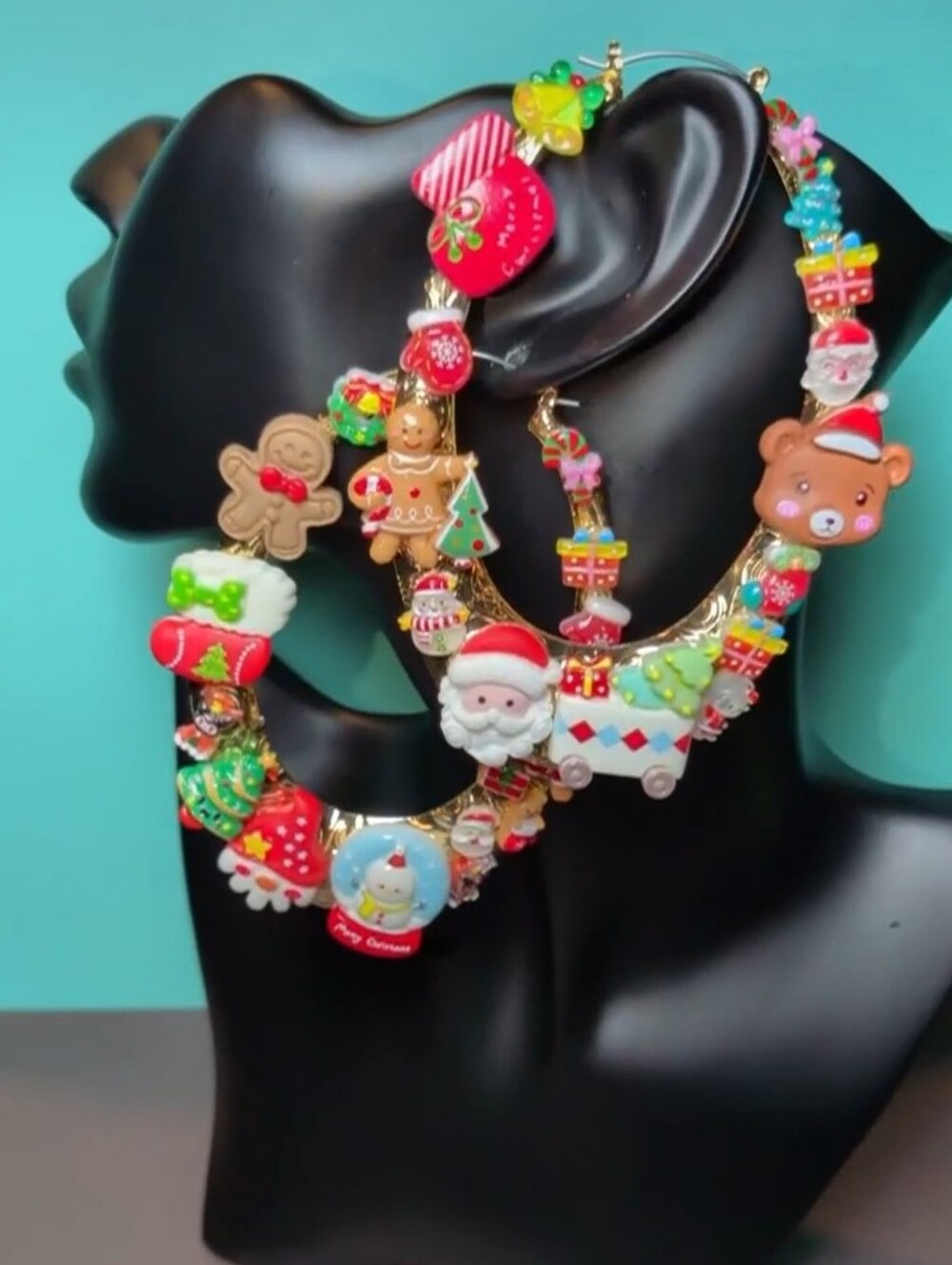 Hand Crafted Multicolor Holiday Charm Hoop Earrings - Red, Green, White, Gold